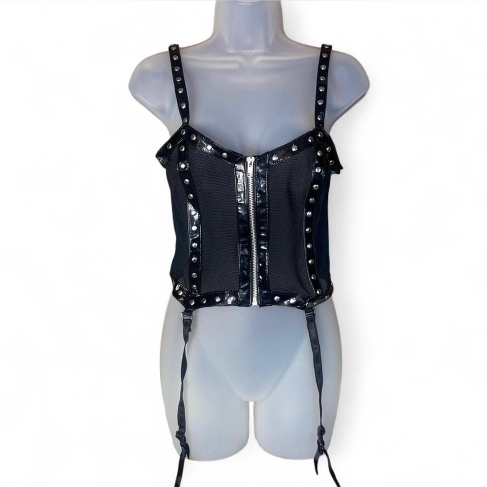 Elegant Moments Patent Leather Mesh Corset with Silver Studded M